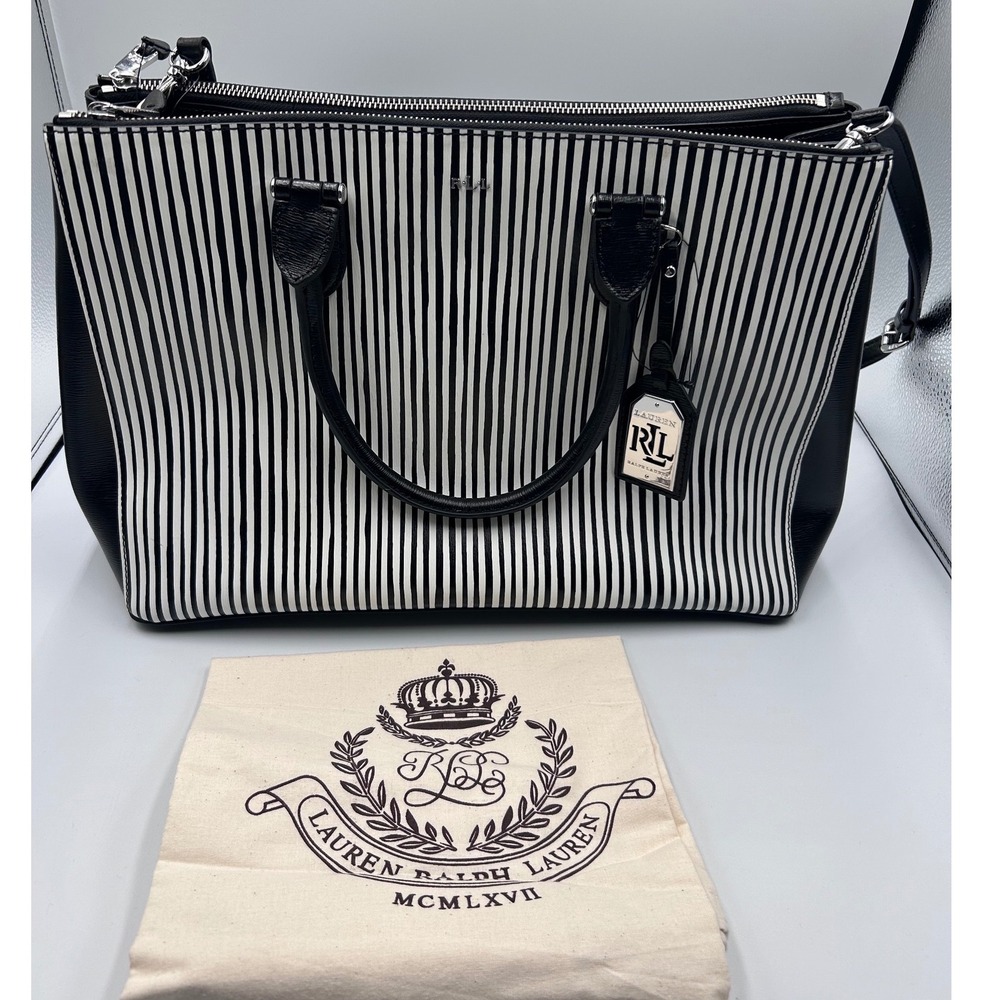 Lauren Ralph Lauren Black White Striped Leather Satchel Tote Bag NEW RLL